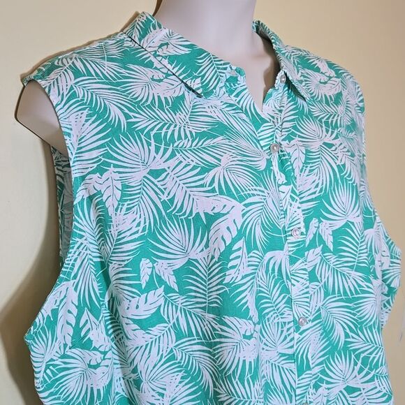 Croft & Barrow Linen Button Down Tank Women Plus 4X Collared Tropical Palm Leaf - Picture 6 of 13
